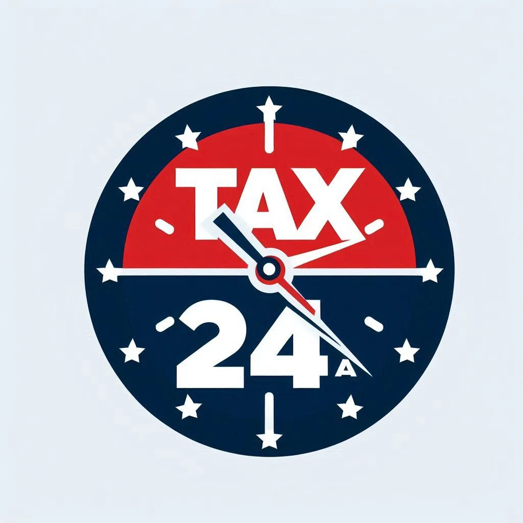 Text-based logo for Tax24SA in red, blue, and white with the number 24 on a clock face to represent 24 hours